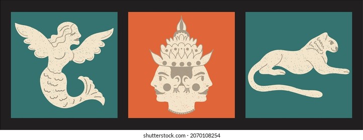 Various antique statues. Heads of women, lion, mermaid with wings. Mythical, ancient Greek style. Hand-drawn vector illustration, cartoon. Classic statues in a modern style. All elements are isolated.