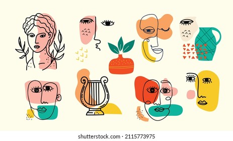 Various Antique statues Mythical, ancient greek style. for Trendy Greek poster design. Modern Hand drawn Vector illustration vector illustrations
