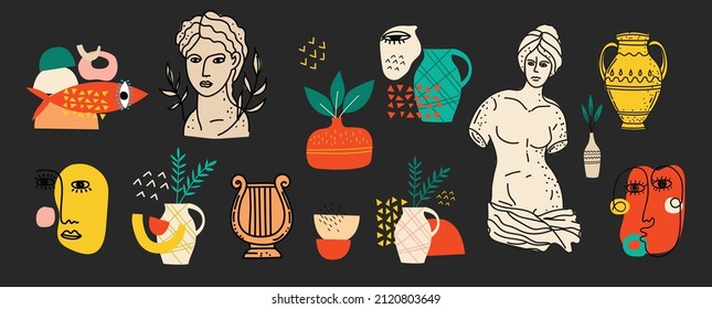 Various Antique statues Mythical, ancient greek style. for Trendy Greek poster design. Modern Hand drawn Vector illustration vector illustrations