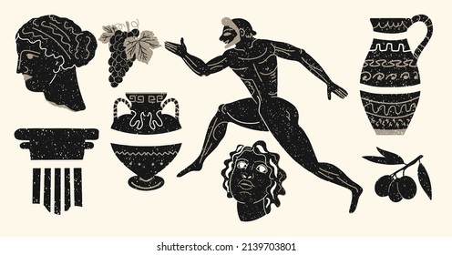 Various antique statues. Mythical, ancient Greek or Roman style. Hand drawn vector illustrations. Classical statues in modern style. All elements are isolated.