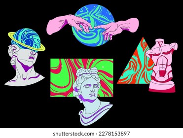 Various Antique Statues. Vaporwave Asid stickers with greek sculpture, Tors, Hands and cosmic space elements in trendy psychedelic weird style. Sticker pack. Vector Gold Stars galaxy surrealism.