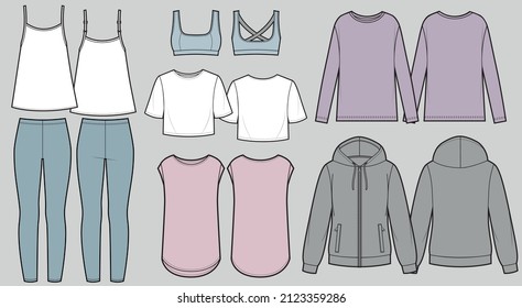 Various apparels of Women's yoga wear.