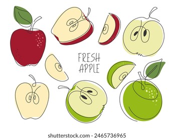 Verschiedene Apfelscheiben isoliert auf weiß. Fortlaufende Linie moderne einfache Illustration. Frische gesunde Gartenfrucht-Kritzelei. Gesunde natürliche Bio-Lebensmittel. Zutat für Saft, Smoothie, Dessert