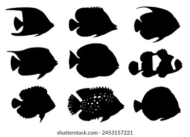Various aquarium freshwater fish in black silhouette. Isolated on a white background. Vector illustration.