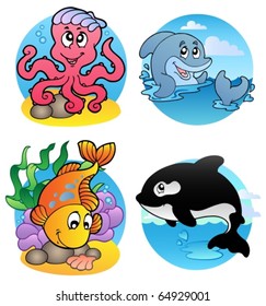 Various aquatic animals and fishes - vector illustration.