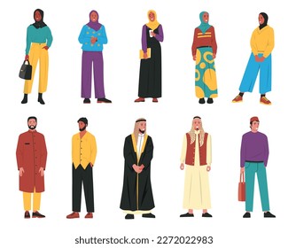 Various arabic people. Cartoon muslim male female characters, persons in traditional arabian, woman in hijab man in islamic headwear. Vector set of female and male muslim character illustration