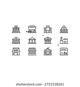 Verschiedene architektonische Gebäudefassaden und -strukturen im einfachen Linienziehstil