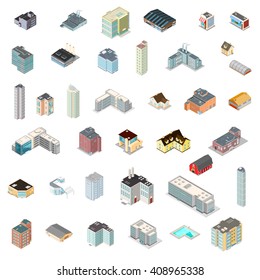 Various architectural building icons. 
Vector isometric illustration of a variety of buildings.