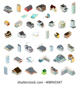 Various Architectural Building Icons. 
Vector Isometric Illustration Of A Variety Of Buildings.