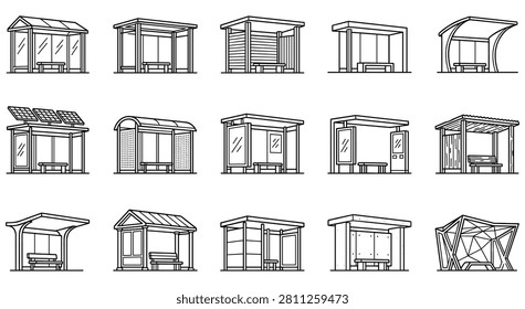 Various architectural designs of city bus station shelters featuring benches glass panels solar roofs and modern urban furniture structures.