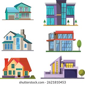 Various architectural illustrations of houses and buildings