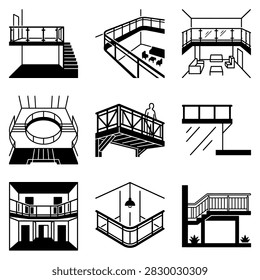 Various architectural illustrations showcasing different balcony and terrace designs and structures.