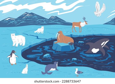 Various arctic animals on glaciers, cartoon flat vector illustration. Wildlife of northern pole. Moose, white fox, snowy owl, polar bear, penguin and orca. Cartoon animals drawing. Kids education.