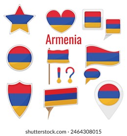 Various Armenia flags set on pole, table flag, mark, star badge and different shapes badges. Patriotic armenian sticker