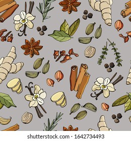 Various aromatic spices and herbs made in cartoon style.
Seamless background. Stock illustration. Gray background.