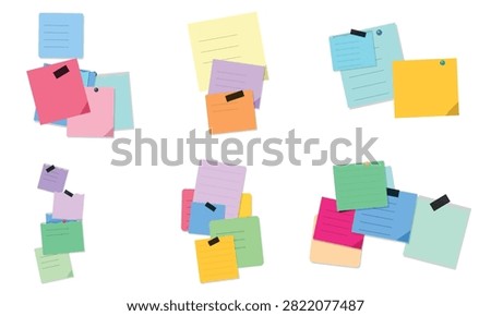 Various arrangements of colorful sticky note pads isolated on white background