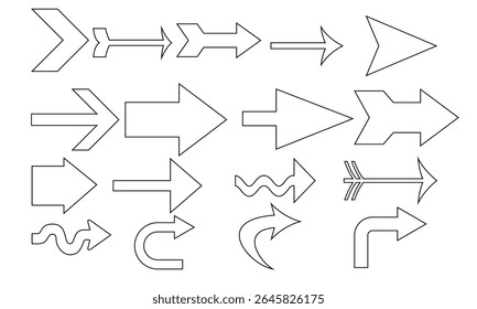 Various arrow icons,clip art set. Collection different arrows sign of the right, left, up, down direction. Black vector abstract elements isolated on white background