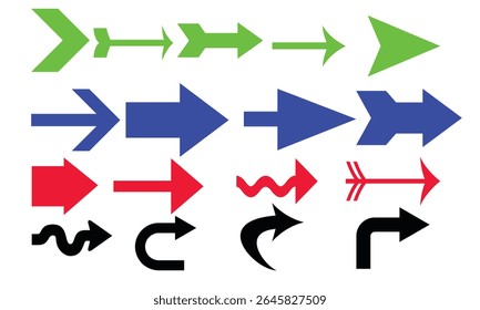 Various arrow icons,clip art set. Collection different arrows sign of the right, left, up, down direction. Colourful vector abstract elements isolated on white background 