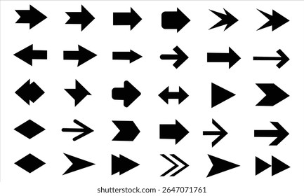 Various arrow icons,clip art set. Collection different arrows sign of the right, left, up, down direction. Black vector abstract elements isolated on white background	