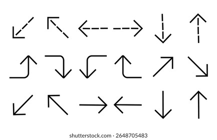 Various arrow icons,clip art set. Collection different arrows sign of the right, left, up, down direction. Black vector abstract elements isolated on white background	