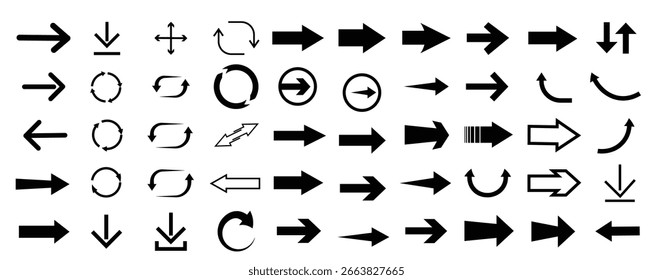 Various arrow symbols displayed on a white background. The collection includes straight, curved, and circular arrows pointing in multiple directions