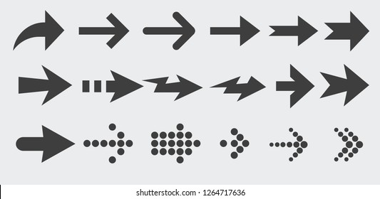 Various arrows, arrow heads cursers, click, pointers, call to action, black symbols icon on light grey isolated vector background