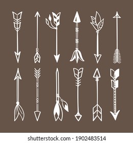 Various Arrows For Bow Set. White Weapons Indian Tribes Tribal Natives Ritual And Combat Arrows With Tied Amulets Shamanic Talismans Hand Made With Magnificent Plumage Sharp Tip. Vector Hunting.