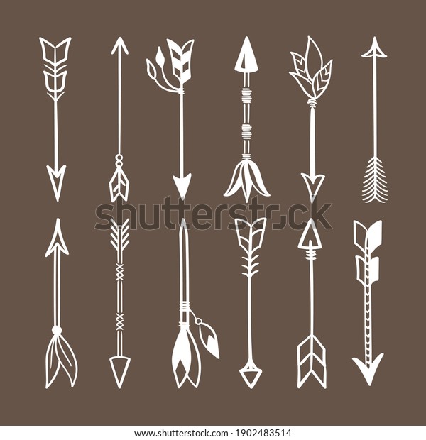 Various arrows for bow set. White weapons Indian\
tribes tribal natives ritual and combat arrows with tied amulets\
shamanic talismans hand made with magnificent plumage sharp tip.\
Vector hunting.