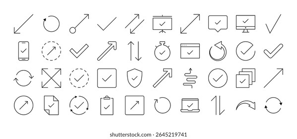 Vários conjuntos de setas de ícones de linha relacionados. Outline Signs para Gráficos e Web Design, Apps, Anúncios, Vários Cartões 