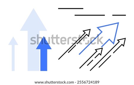 Various arrows of different sizes in shades of blue and black pointing upward. Ideal for growth, success, business, progress, and direction themes. Simple and modern style
