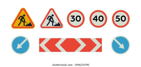 Various arrows, directional road signs, road work signs, speed 30, 40, 50 speed limit road sign. Modern flat vector illustration. Social media template.