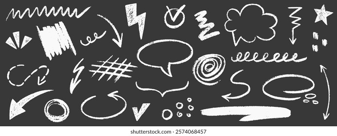 Various arrows, ellipses, punctuation marks, direction pointers, speech bubbles. Elements scribble line brush hand drawn sketch design. Grunge abstract line chalk, crayon pencil style. Vector