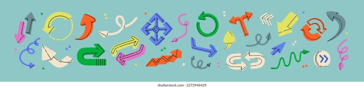 Various arrows in hand drawn cartoon style. Up, down, forward, circle, next, cursor, rewind, refresh, update, upload, download, back. Curve aims in different vector shapes. All icons are isolated