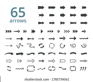 Various arrows large set. Varieties of black symbols pointers arrow brackets straight curved and rounded graphical navigation movement of website abstract interface pictograms. Vector design.