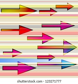 Various arrows over background with colorful strips. Seamless pattern.