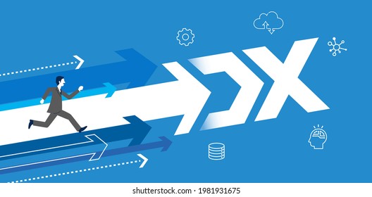 Various arrows and runnnig business owner,written "DX",blue background,vector illustration