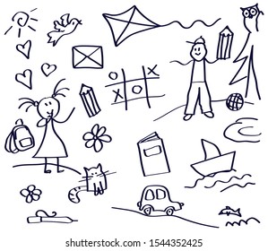 Various art objects on a white background. A sketch. Vector illustration.