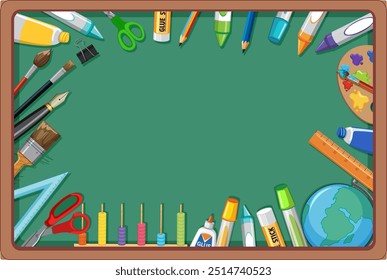 Various art and school supplies on a green background