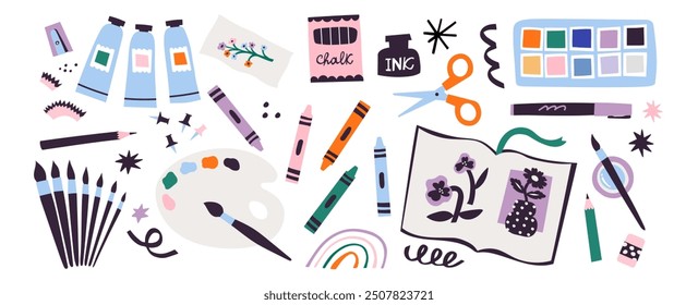 Various art supplies.  Drawing supplies, pencils, brushes, tubes, palettes. Vector hand drawn illustration. All elements are isolated.