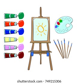 Various art supplies set isolated vector illustration on white background. Cartoon style easel, watercolor paints, different brushes and palette vector