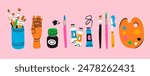 Various art tools, supplies, equipment. Mannequins hand, ink, brush kit, pencil, paint palette, oil tube paint. Hand drawn Vector illustration. Isolated elements