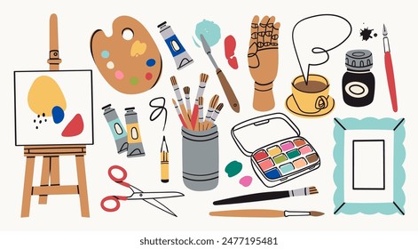 Various art tools, supplies, equipment. Mannequins hand, easel, canvas, scissors, ink, brush kit, pencil, paint palettes, oil tube, watercolor paint. Hand drawn Vector illustration. Isolated elements