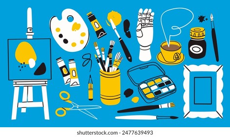 Various art tools, supplies, equipment. Mannequins hand, easel, canvas, scissors, ink, brush kit, pencil, paint palettes, oil tube, watercolor paint. Hand drawn Vector illustration. Isolated elements