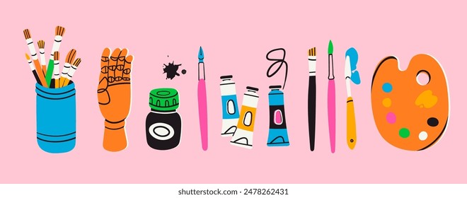 Various art tools, supplies, equipment. Mannequins hand, ink, brush kit, pencil, paint palette, oil tube paint. Hand drawn Vector illustration. Isolated elements