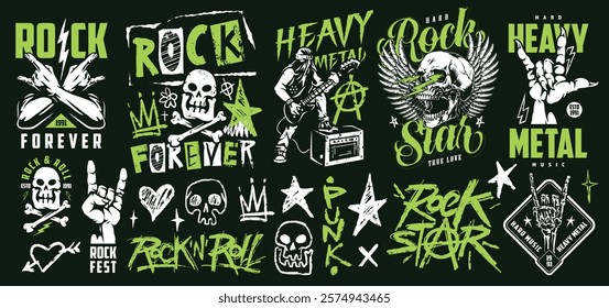 Various artistic designs celebrate rock music and heavy metal culture. This vibrant collection features skulls guitars and bold lettering representing the festival atmosphere.