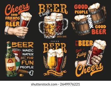 Various artistic designs celebrating beer culture are showcased. Themes like friendship fun and quality enjoyment stand out inviting everyone to savor their favorite brews.