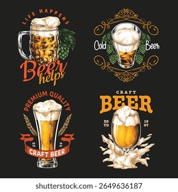 Vários desenhos artísticos com cerveja artesanal em diferentes estilos de vidro, enfatizando ingredientes de qualidade e o prazer da cultura da cerveja. Ideal para entusiastas e cervejarias.