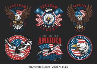 Various artistic designs featuring eagles and American flags highlight themes of patriotism and freedom. Vibrant colors and intricate details emphasize national pride and spirit in these graphics.