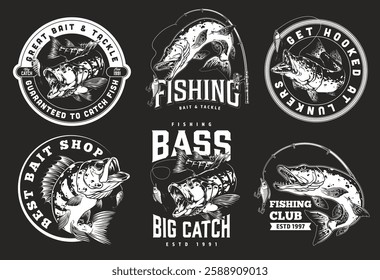 Various artistic designs featuring fishing themes showcasing bass and catch slogans. Ideal for a fishing club or bait shop branding centered around outdoor activities.