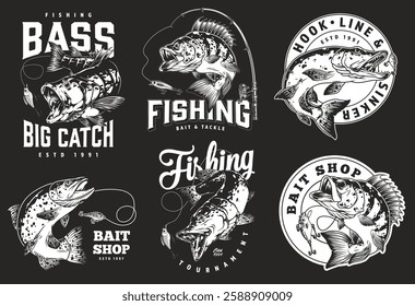 Various artistic designs showcase bass fish along with fishing gear and tournament motifs. The illustrations emphasize the excitement of fishing culture with vintage flair.